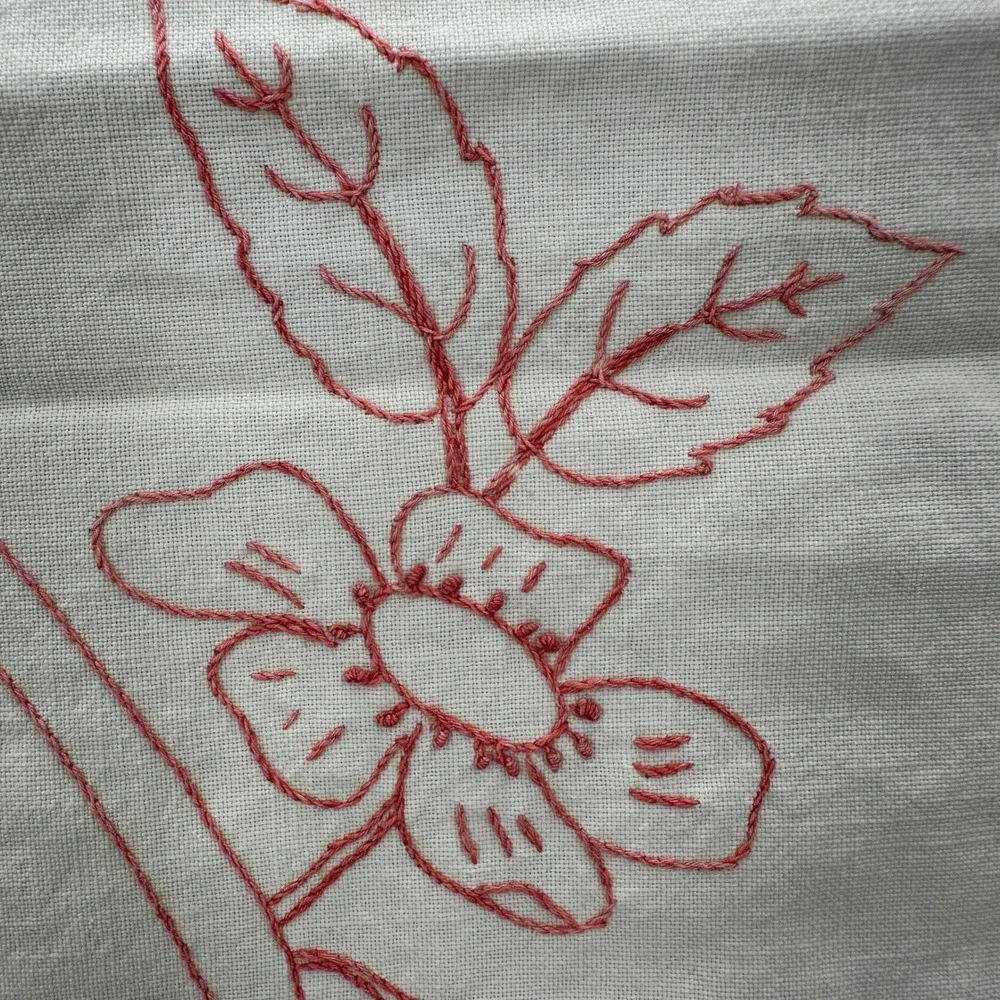 Handmade French Redwork Tea Towel White Red Kissing Couple Floral Fringe